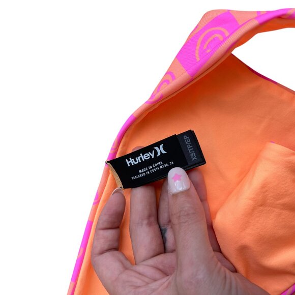 🌸 Hurley Smiley Checker Bikini Set XS Neon Pink Orange Swim Top & Bottom - Picture 3 of 7